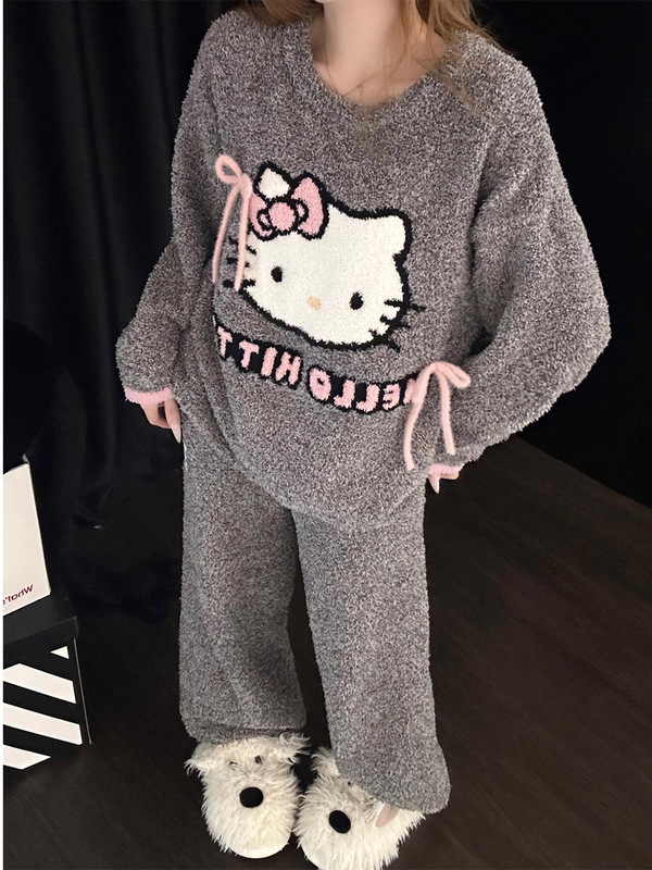可爱kitty卡通珊瑚绒睡衣女秋冬加厚法兰绒保暖可外穿宽松家居服|undefined