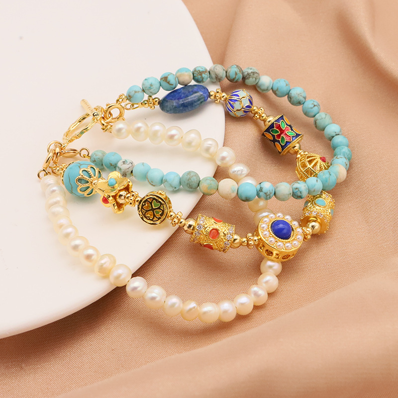 Pulsera de perlas de agua dulce natural para niñas pulseras de tres capas de cloisonné turquesa de alta calidad