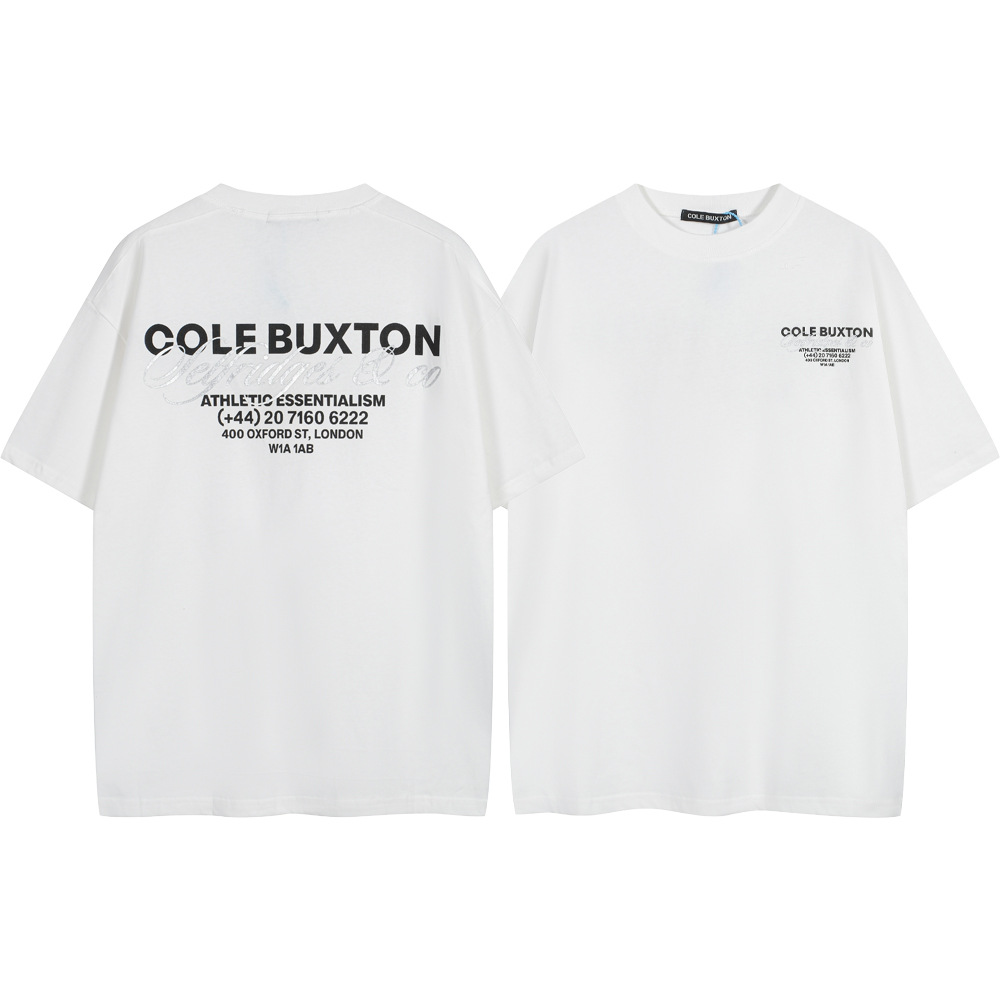 Versión alta Cole Buxton London Limited Silver Pink Letter Lema Impreso Hombre suelto Casual Camiseta de manga corta