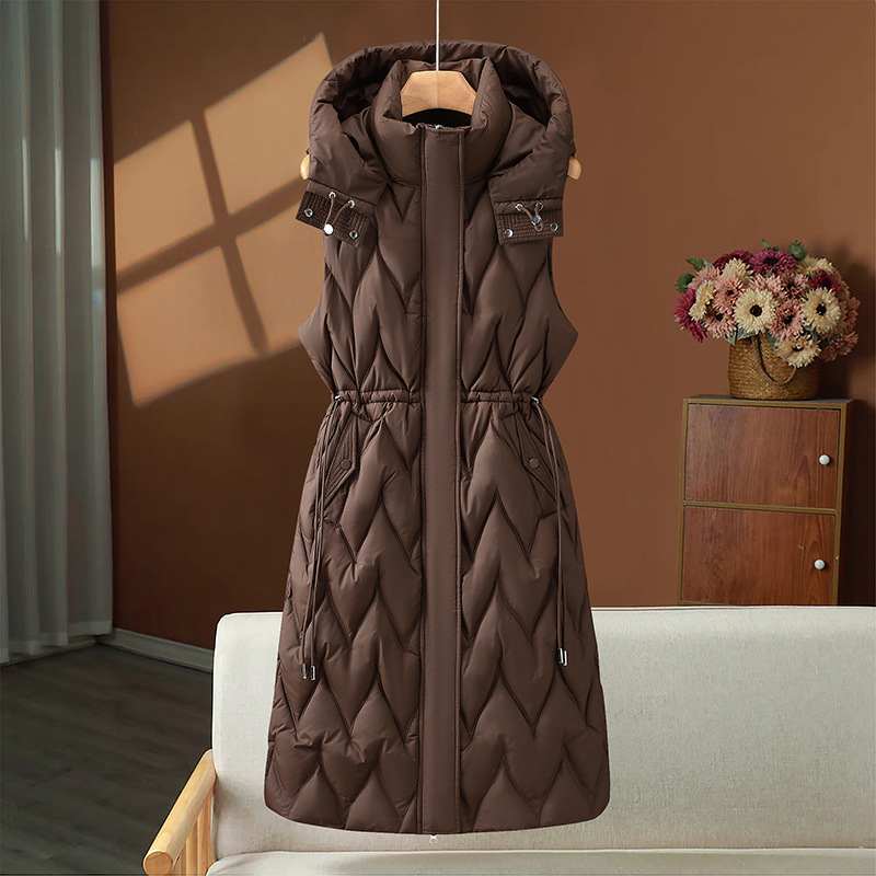 2025 comercio exterior europeo y americano largo chaleco de algodón sobre rodillas chaqueta con capuchón moda casual calentamiento hombro cintura abrazadera