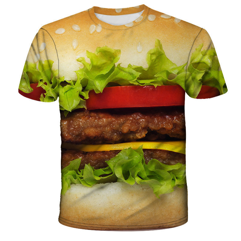 跨境电商T恤男女短袖外贸欧美潮流个性汉堡食物图案创意搞怪3DT恤