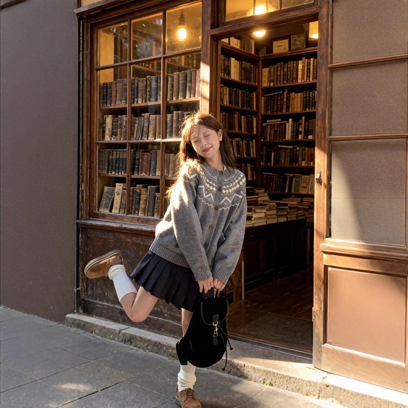 Retro Knitted Sweater Jacket Fair Isle Jacquard Autumn and Winter New Round Neck Loose Lazy Top Cardigan Versatile