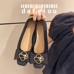 頭層羊皮女鞋平底淺口小單鞋女2024夏季新款晚晚鞋方頭舒適奶奶鞋