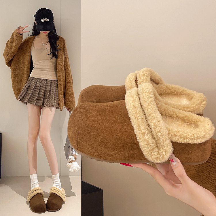 复古厚底毛毛拖鞋女外穿2025冬季加绒包头半拖保暖防滑内增高棉拖