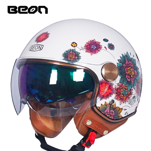 BEON Dual-Lens Motorbike Half Helmets for Men and Women, Retro Harley Helmets, 3/4 Helmets, Suitable for All Seasons, Summer