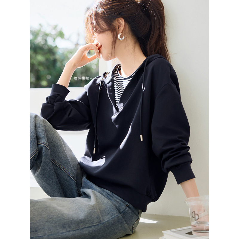 Smart Light Work Clothing Splicing Contrasting Stripesd Casual Top 2025 Autum New Women's Hooded Sweatshirt