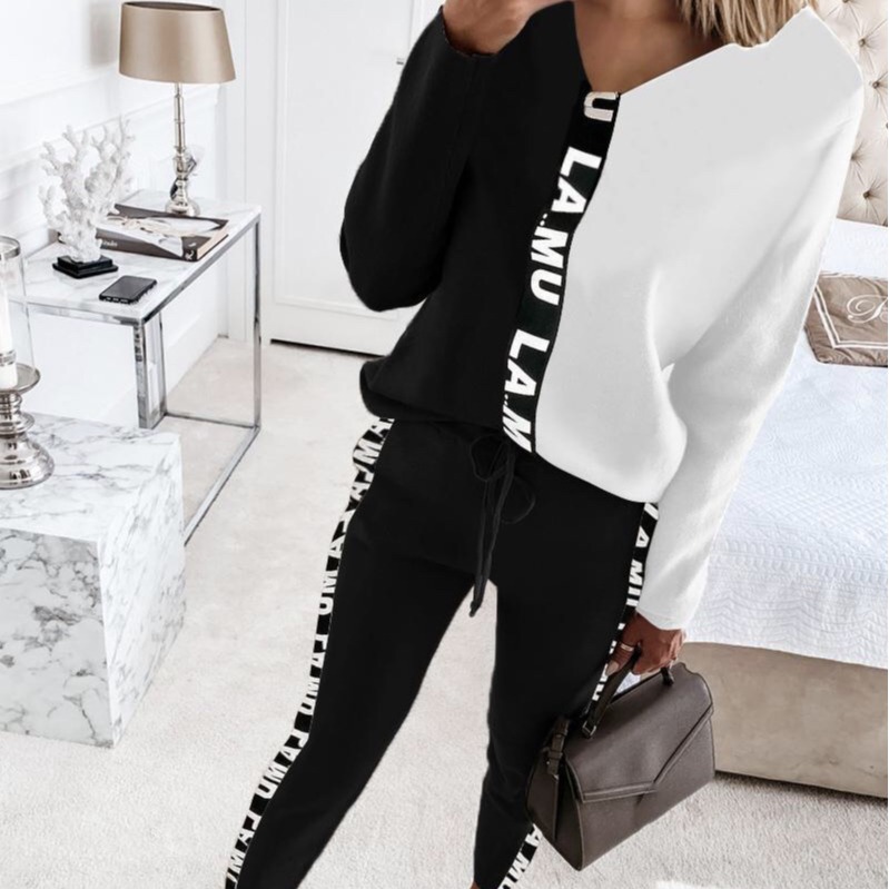 9882 Amazon European and American New Women's Wear Contrast Ribbon Stitching Long Sleeve T-Shirt Pencil Pants Casual Suit Women