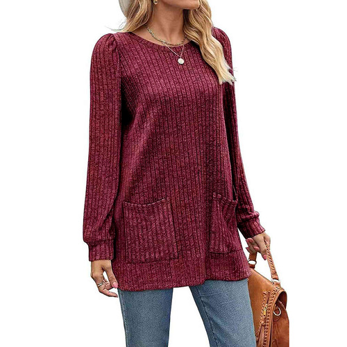 Amazon Western Cross-border New Autumn/Winter Stock Long-sleeve Knit Top Round Neck Striped Pure Color Pockets Women's Long Dress