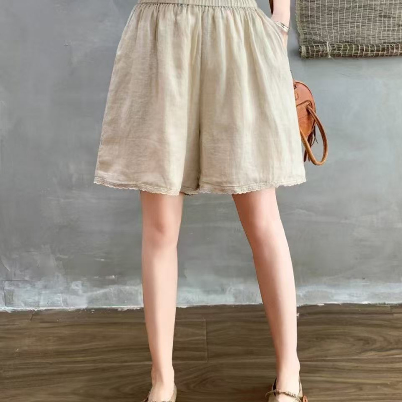 100 Ramie Shorts 2025 New Summer Style Fashionable Lace Splicing Slim Casual Wide Leg Pants for Women 100 Ramie Shorts 2025 New Summer Style Fashionable Lace Splicing Slim Casual Wide Leg Pants for Women