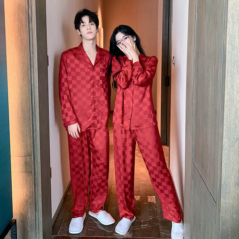 Red Pajamas Women's Spring and Autumn Newlywed Ice Silk This Life Year Plaid Summer Wedding Men's Home Clothes Couple's Suit