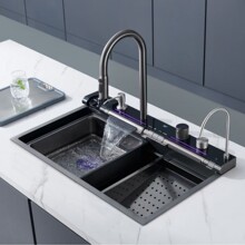 厨房家用大单槽蓝鲸鱼飞雨高档304不锈钢洗菜盆瀑布水槽数显蜂窝