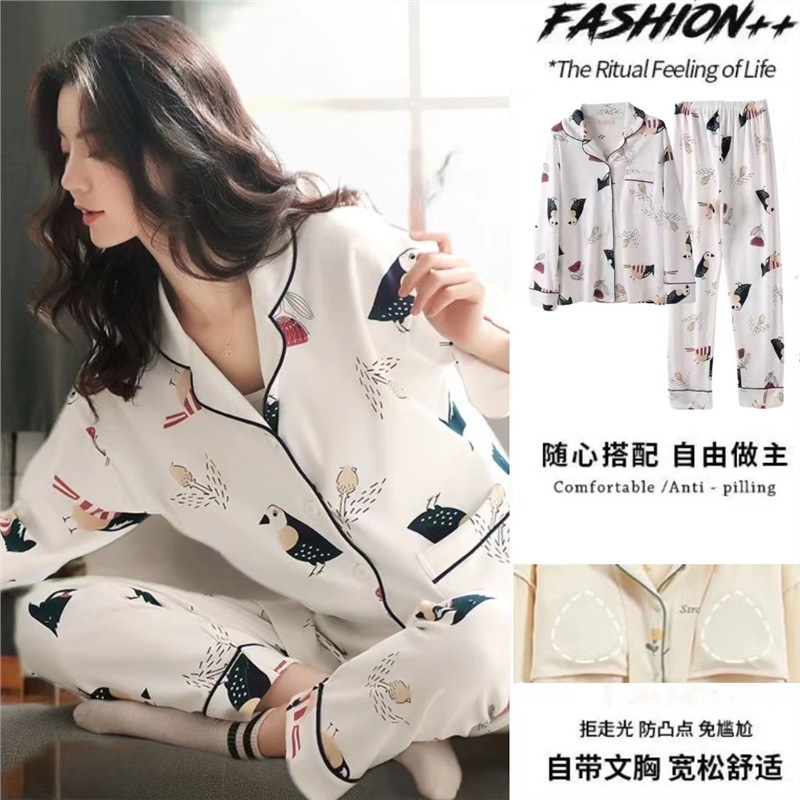 Pijama de algodón 100% de las mujeres con almohadilla en el pecho traje de primavera y otoño pantalones de manga larga primavera y otoño delgado más tamaño homewear