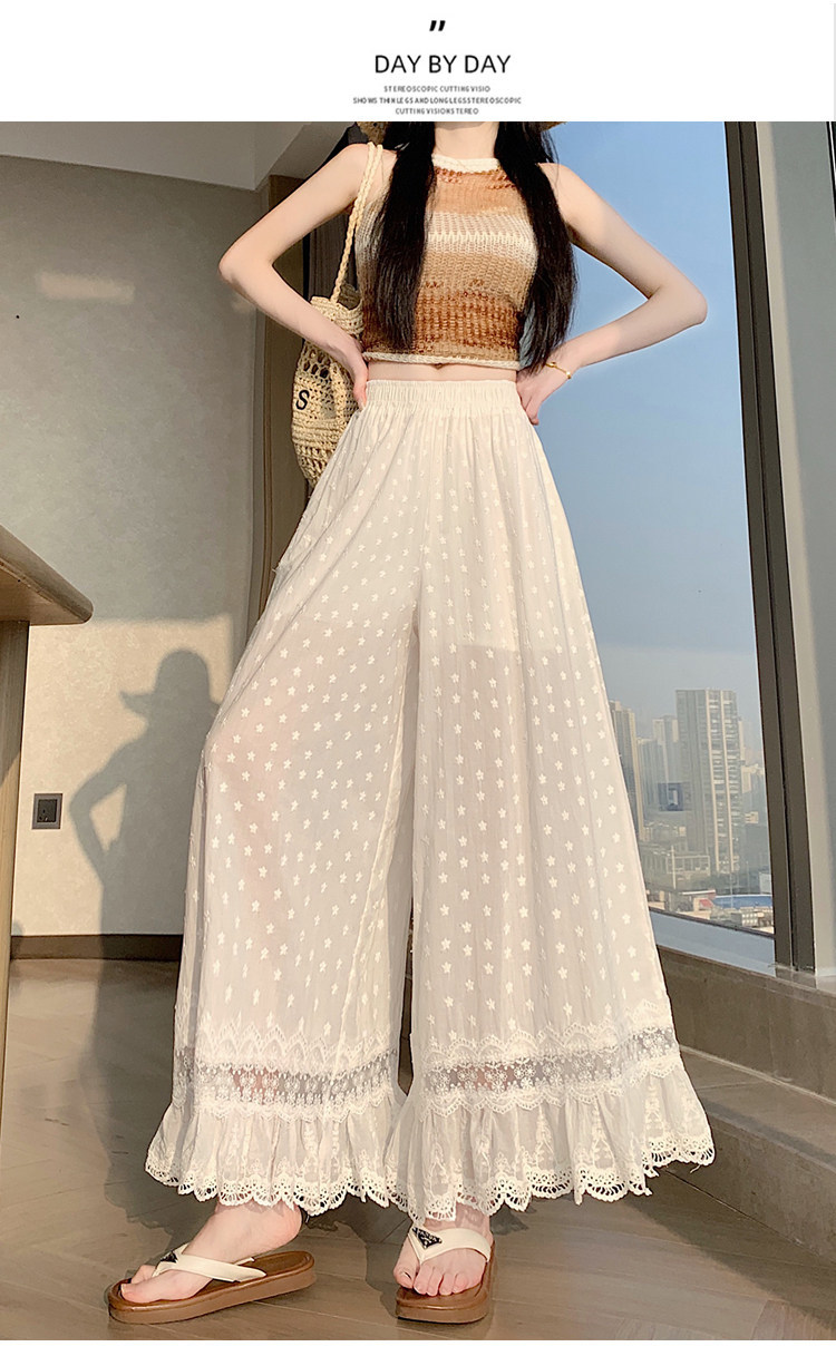 Quần culottes nữ ống rộng ren thêu rỗng cạp cao — màu trắng chi tiết 22