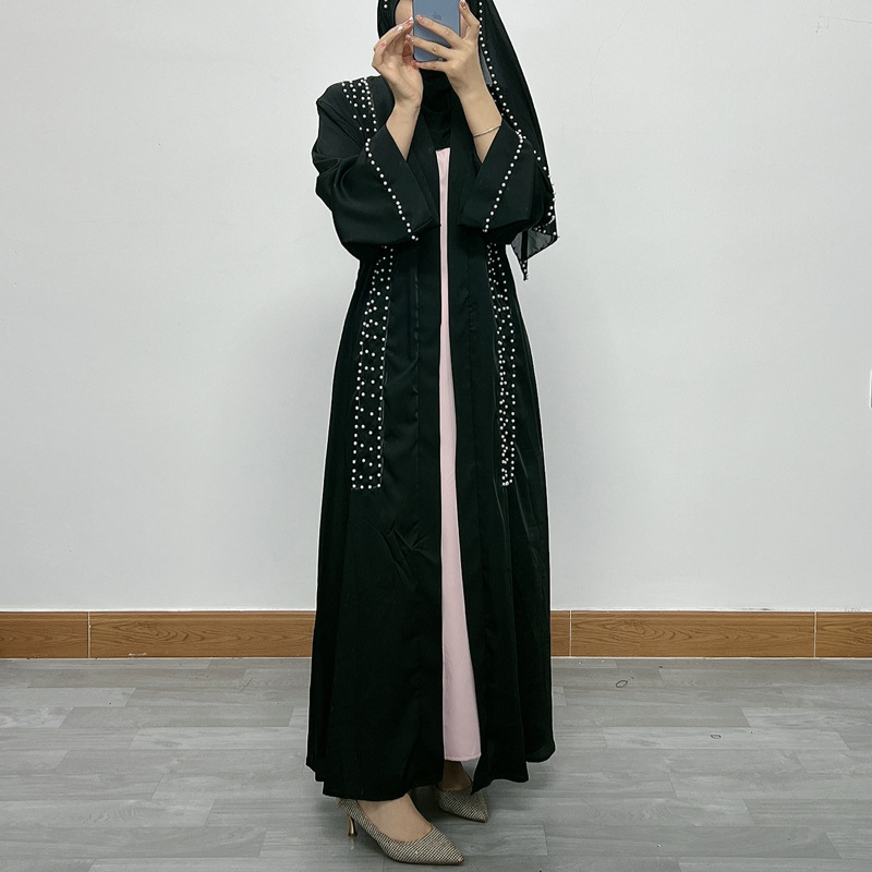 F326 Cross-Border Foreign Trade Middle Eastern Women's Long Dress, Dubai Pearl Embellished Elegant Cardigan Robe,_ecoleips.com
