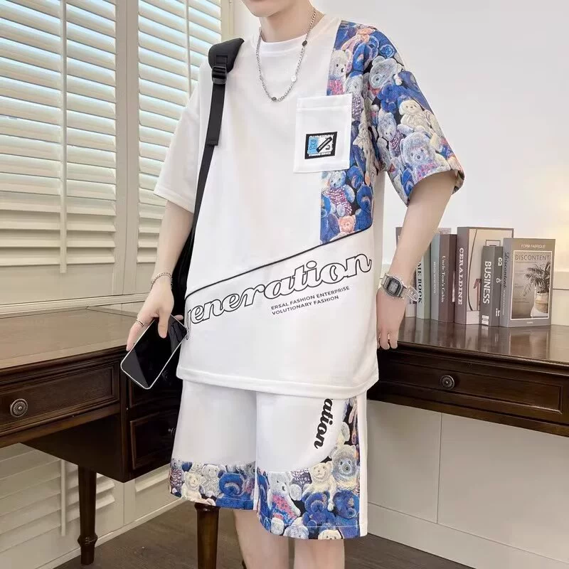 Летние трендовые брюки комплект, плюс размер, оверсайз, с коротким рукавом, круглым воротом