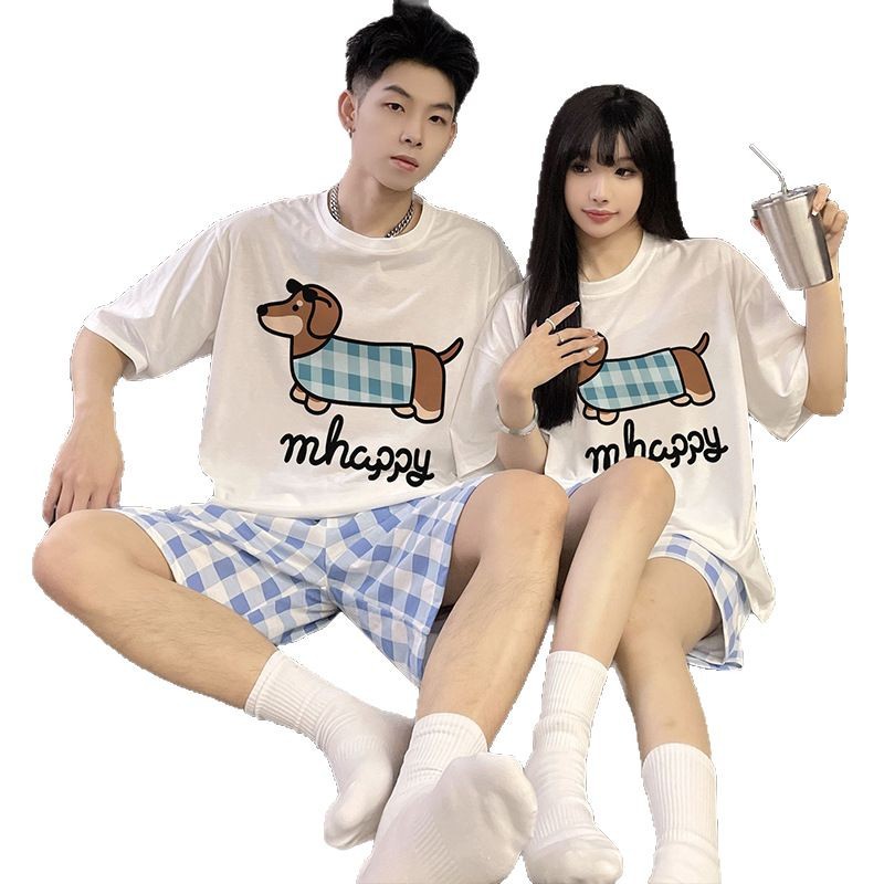 2025 nueva pareja de perro de salchicha pijama de verano de algodón dibujos animados lindos pantalones cortos de mangas cortas ropa para el hogar de hombres
