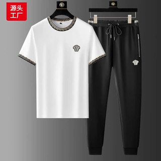 2023夏季新款男士套装潮牌刺绣休闲短袖圆领薄体恤青年男式两件套
