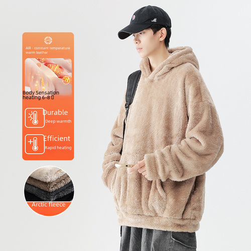 Cross-border exclusive solid Arctic wool hooded jacket for men, winter retro lazy loose couple style casual sweatshirt
