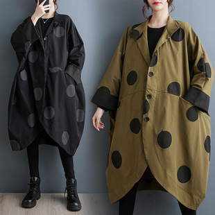 Real Shot 2023 Autumn New Loose European and American Retro Collar Bat Polka Dot Printed Casual Coat Jacket