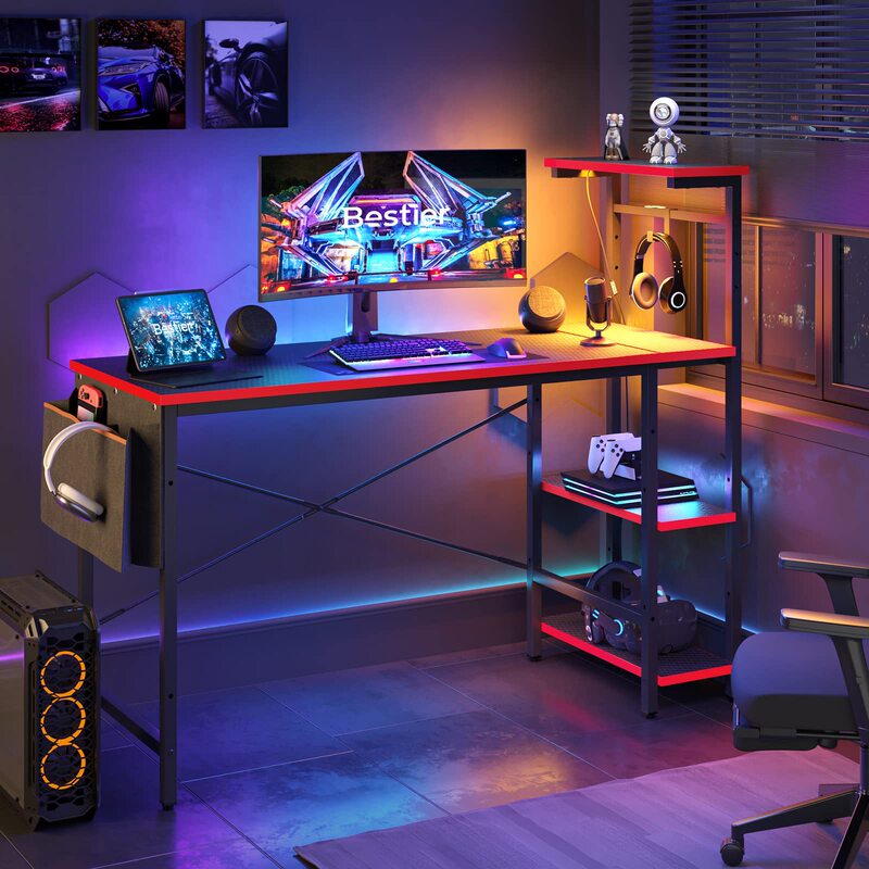 Computer Desk with Led Lights, Side Storage Pockets, Hooks and Height Adjustable Shelf (Black Carbon Fiber)