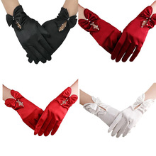 批发弹力缎优雅婚纱敬酒晚礼服手套韩式短款蝴蝶结婚秀禾酒红黑色