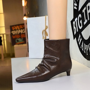 2887-2 Retro Fashion Boots Women's Thin Heel Pointed Short Tube Folded Stacked Boots Skinny Boots French Martin Sho