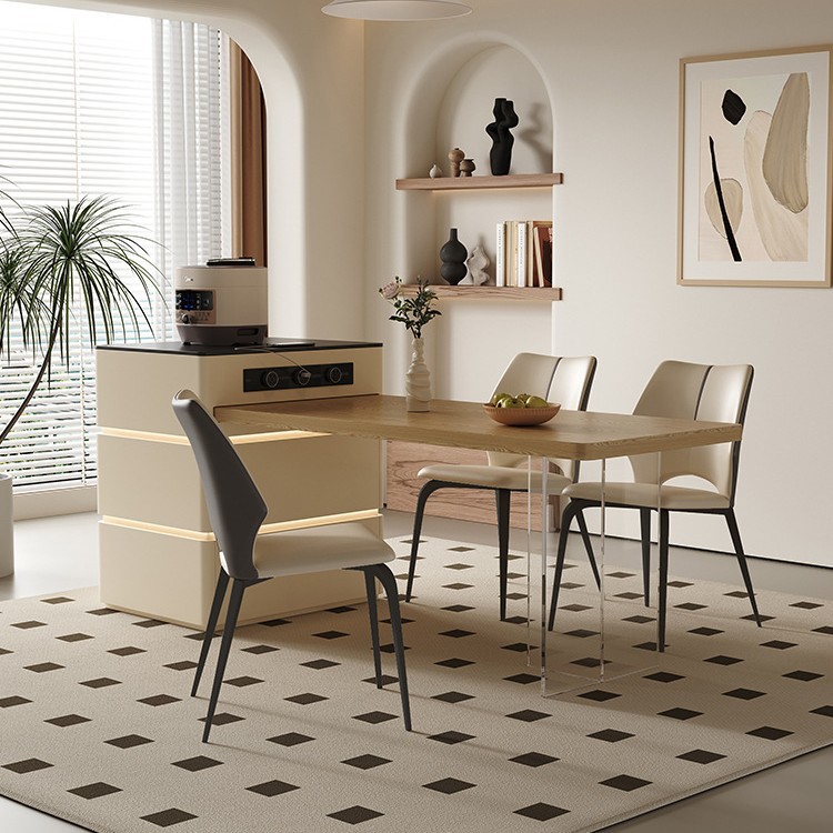 Mesa de mesa de isla de estilo crema medieval, cocina retráctil integrada, mesa de comedor y silla de tablero de roca de alta gama francesa para el hogar