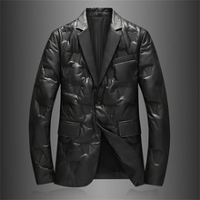 海宁冬装新款2024鹅绒90%羽绒服男真皮衣潮牌休闲羽绒西装领外套