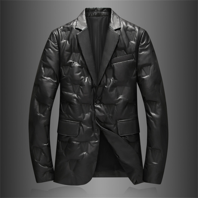海宁冬装新款2024鹅绒90%羽绒服男真皮衣潮牌休闲羽绒西装领外套