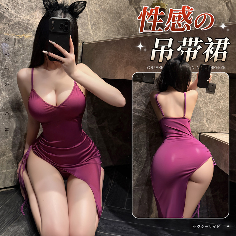 Mandy Women's Secret Deep V Strap Bodycon Nightdress Slim High Slit Sexy Sleepwear See-Through Lingerie 100658