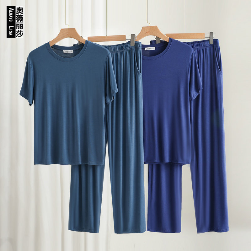 Modal Plus Size Pajamas Men's Summer Cool-feeling Short-sleeved Trousers Middle-aged and Elderly Loose Plus Size Large-sized Home Suit