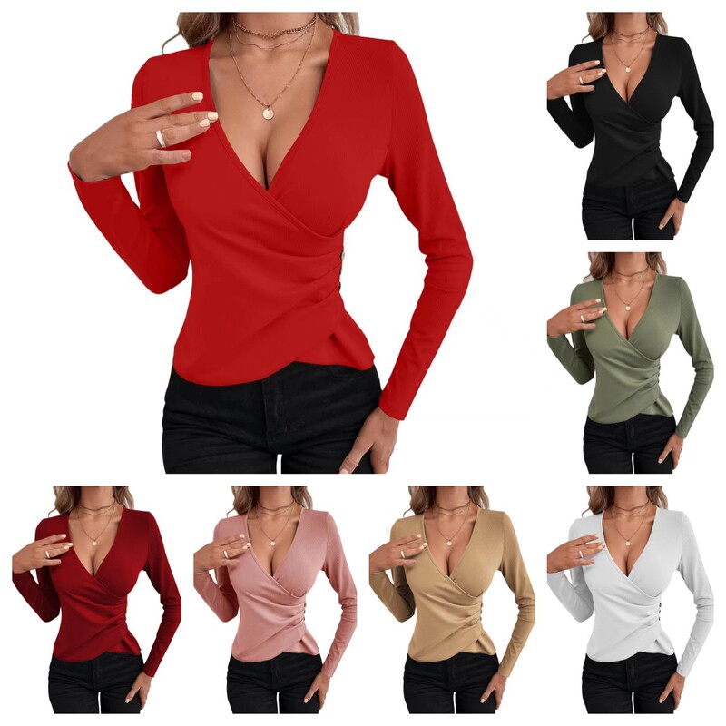 2023 European and American Cross-border Women's V-neck Asymmetrical Three Buttons Sexy Elegant Solid Color Slim-fit Women's T-shirt