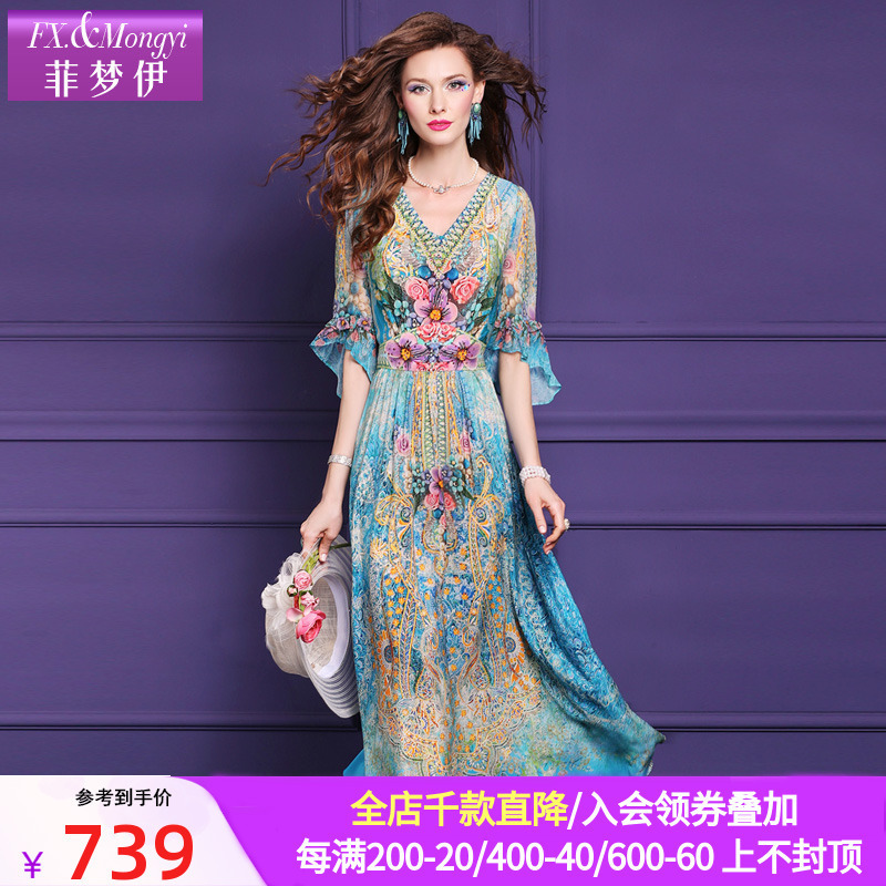 Fimonyi 100 Mulberry Silk Printed dress Women's Summer Retro High-end Crepe de Chine Silk Rhinestone Holiday Skirt