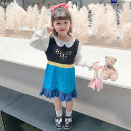 跨境童装万圣节安娜公主裙女童加绒连衣裙2024新款洋气女孩针织裙