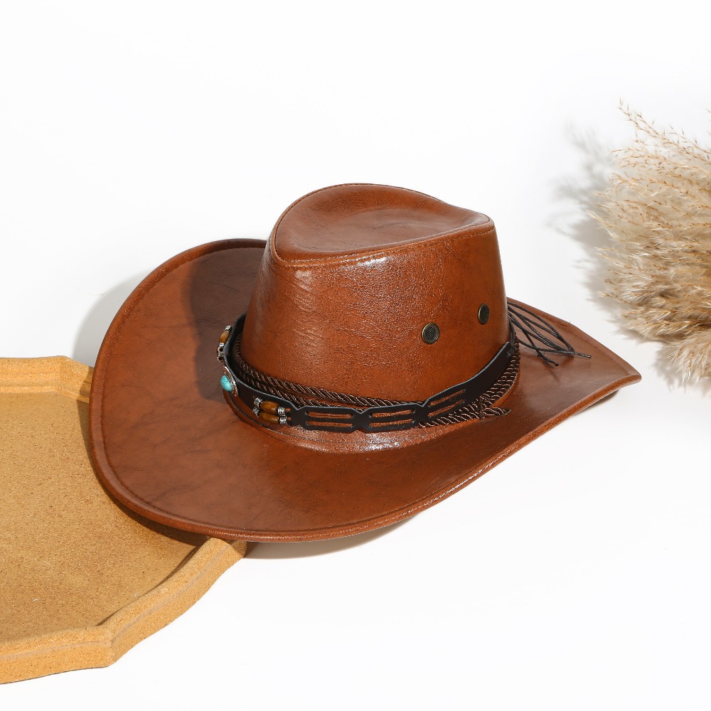 Unisex Ethnic Wind shade Western Cowboy hat Smooth leather PU Outdoor Sunblock rolled edge Knight top hat_voghion.com