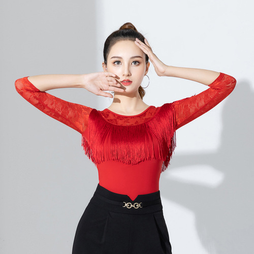 Latin dance tops for women, new bright color practice clothes, jumpsuits, autumn and winter tassels, national standard modern dance clothes, performance clothes