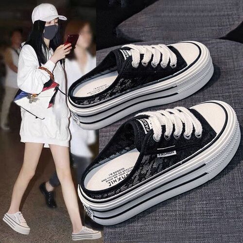 Thick sole lace canvas slippers for women's outer wear 2026 spring and summer new style slip-on baotou semi-drag small white shoes