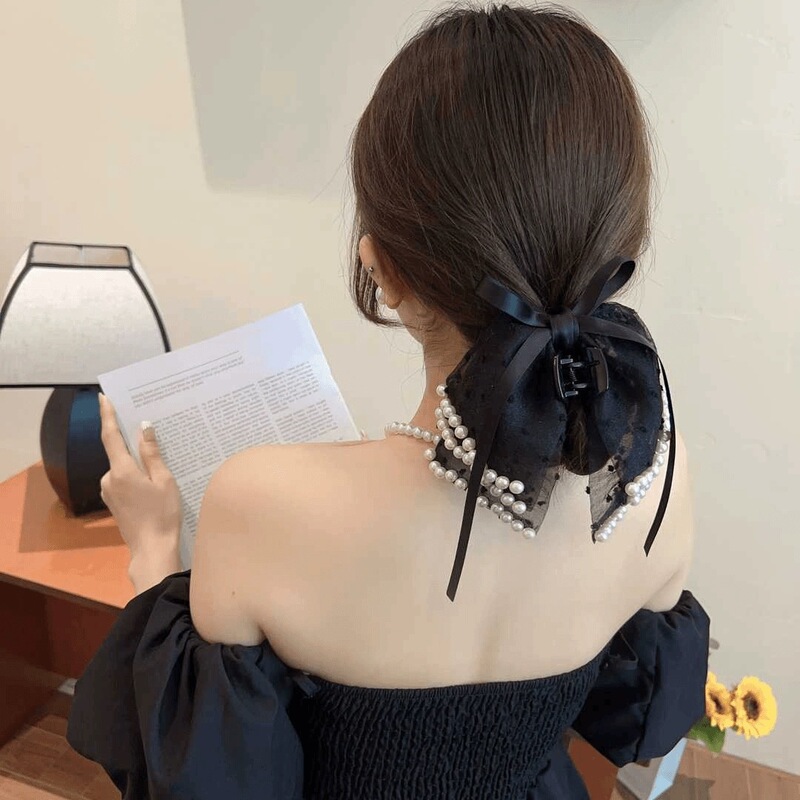 スーパーフェアリー多層リボンハーフタイヘアビーズクリップ女性の後頭部用新しいスタイルのシャーククリップハイエンドヘアクリップ|undefined