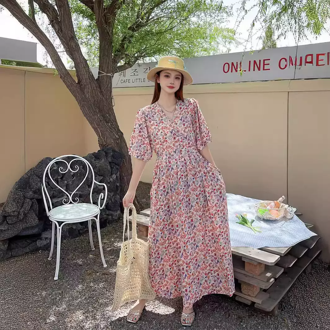 棉绸碎花连衣裙2025新款夏季高级感大码胖mm裙子收腰显瘦法式长裙