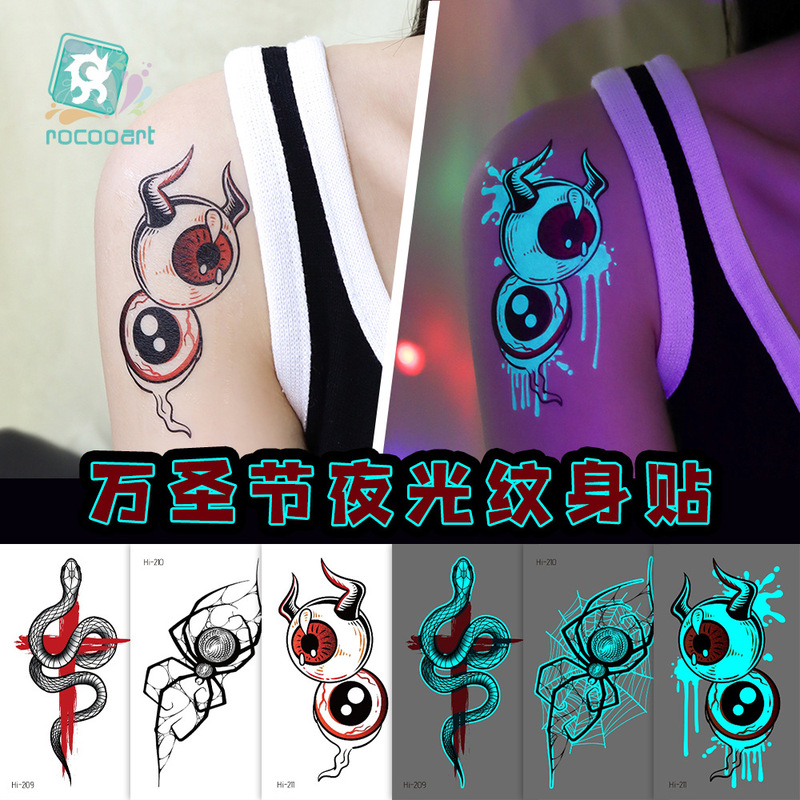 New Halloween Blue Luminous Waterproof Long-lasting Tattoo Sticker Funny Party Horror Skull Temporary Sticker