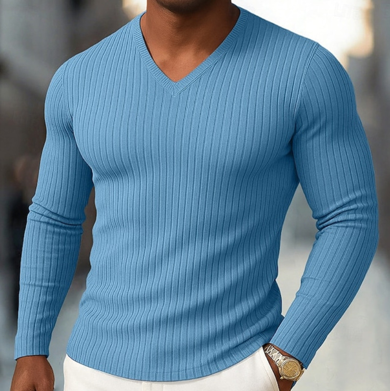 European and American Cross-Border New Men's Long-Sleeve T-Shirt, Autumn and Winter New Men's Pullover Ribbed Solid Color Base Shirt