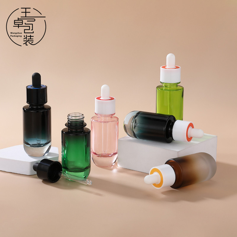 王卓玻璃 30ml精华液瓶 彩色渐变双层圈厚底滴管瓶子 圆柱精油瓶