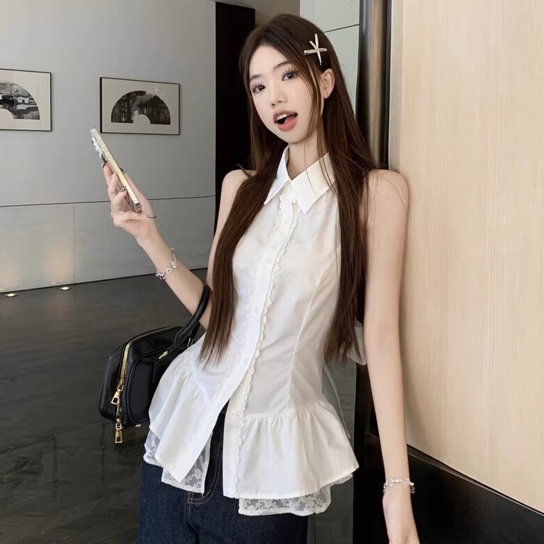 French-Style Lace Patchwork Halter Neck Sleeveless Shirt for Women, Summer Bow-Tie Tie-Up Backless Short Elegant Top