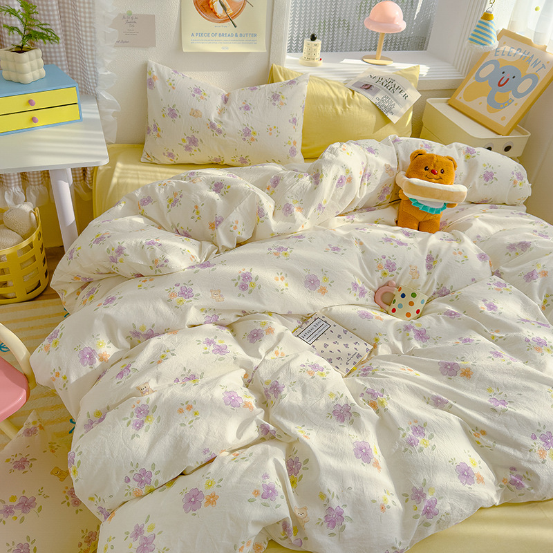 워시드 코튼 프린트 - 보라색 꽃곰