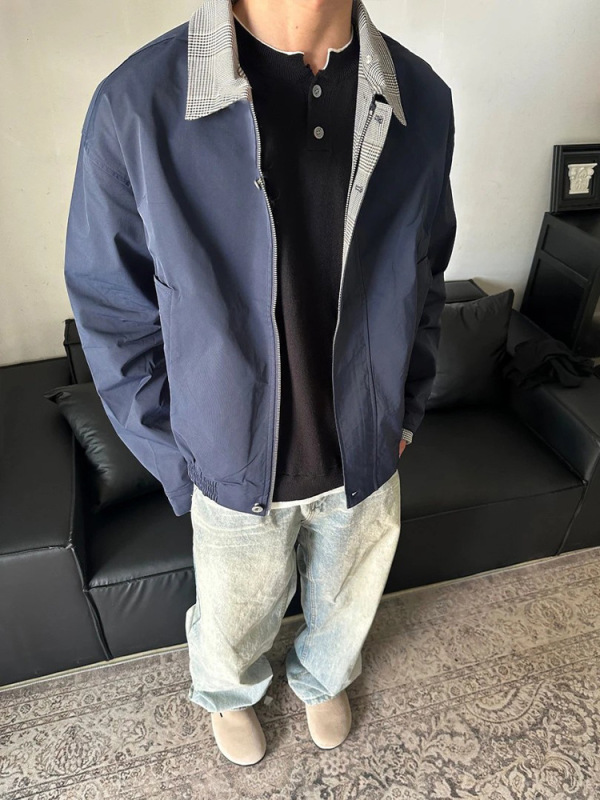 黑色格纹拼接假两件外套男生秋季翻领短款棒球服cleanfit飞行夹克|undefined