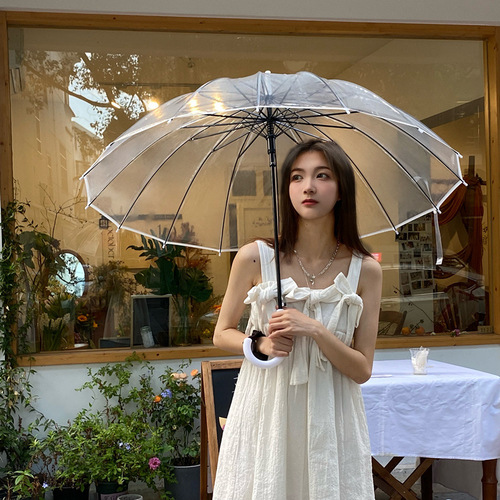 Japanese fresh sixteen-strand white side long handle Internet celebrity transparent umbrella thickened and widened wind-resistant simple fashion umbrella