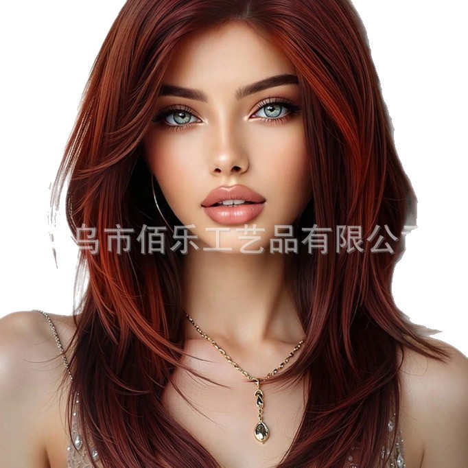 Peluca de color rojo oscuro dividida en longitud media, pelo largo, cubierta de cabeza completa, fibra química para mujer, stock europeo y americano al por mayor