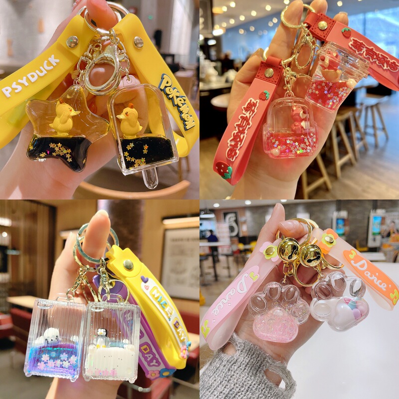Internet-famous acrylic panda quicksand bottle key chain cute oil-in duck key chain bag pendant small gift