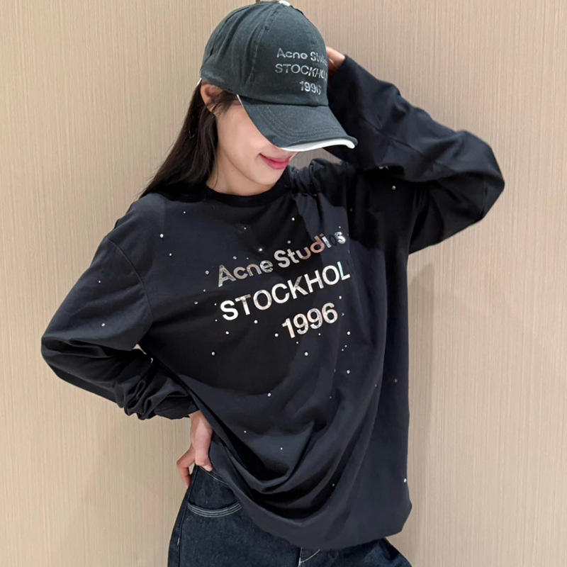 正确版秋冬新款AC 1996镜面水钻烫银印花轻奢男女棉麻宽松长袖T恤