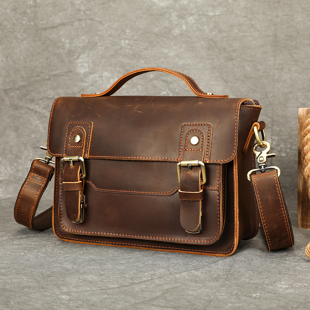 Túi da thật satchel nam phong cách retro, đựng tài liệu dung tích lớn, vừa laptop 15 inch — Cà phê (cỡ nhỏ)